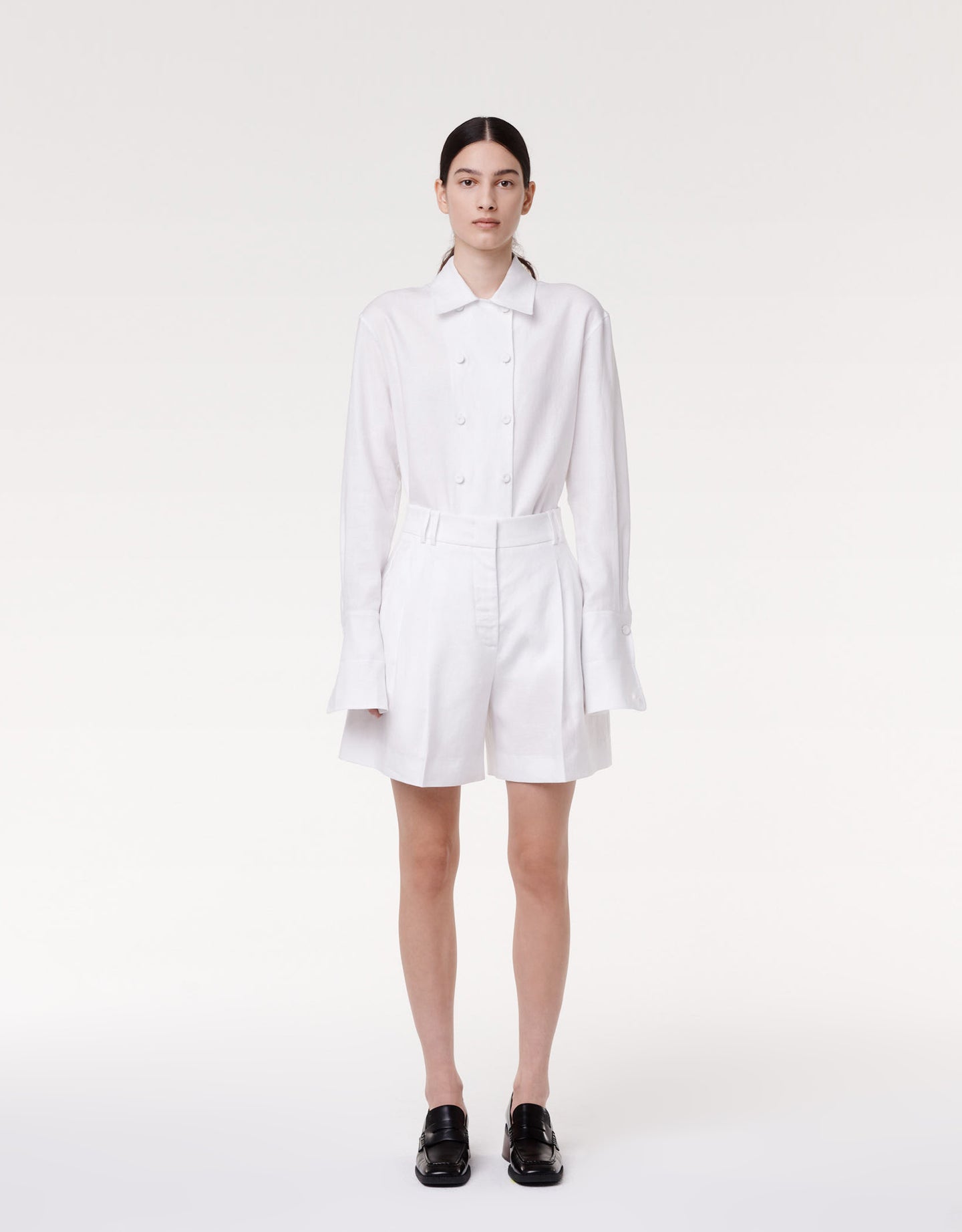 Another Tomorrow Pleated Shorts in White – Linen Women's Trousers