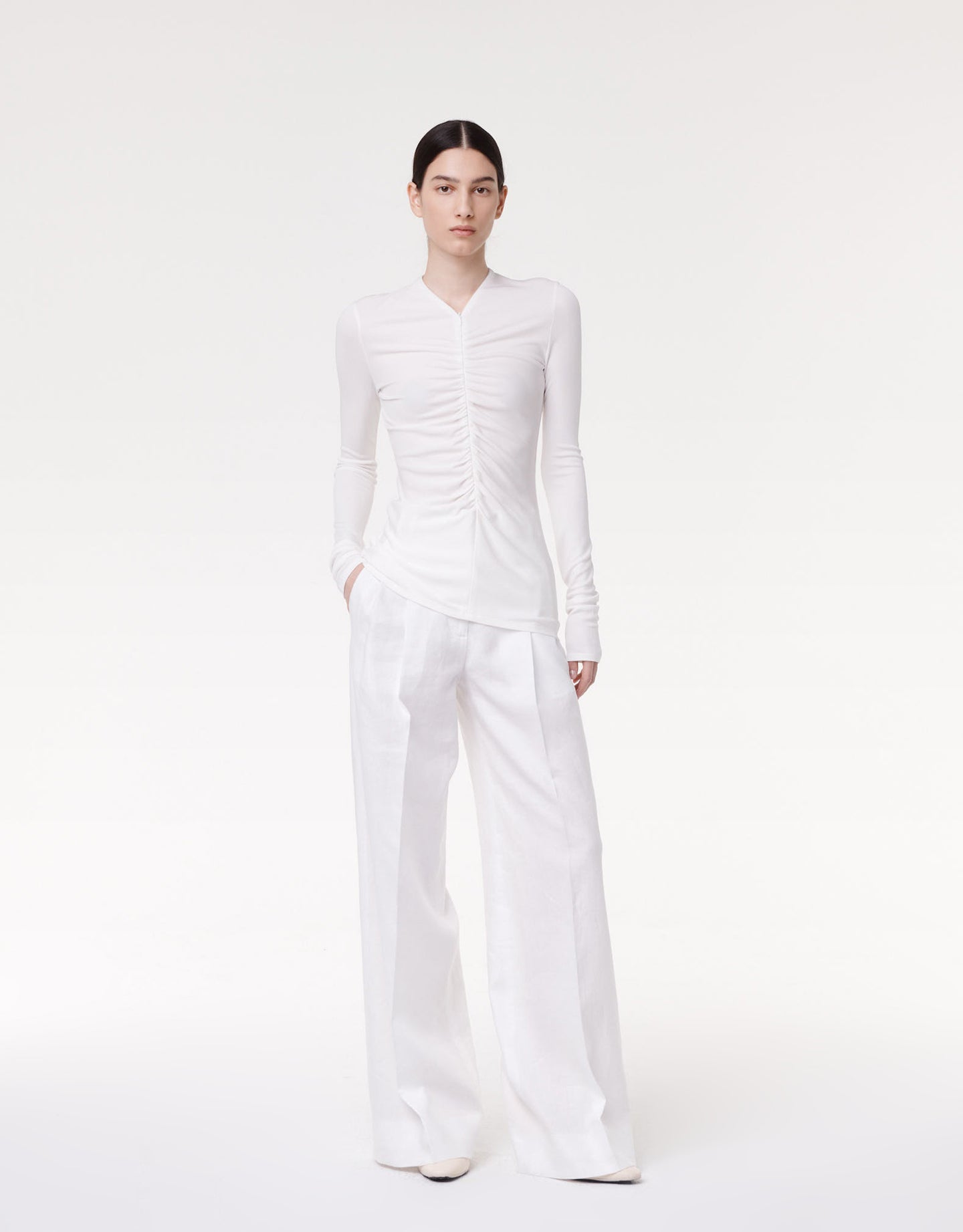Another Tomorrow Shirred Long Sleeve Top in Off White – Viscose Women's Top
