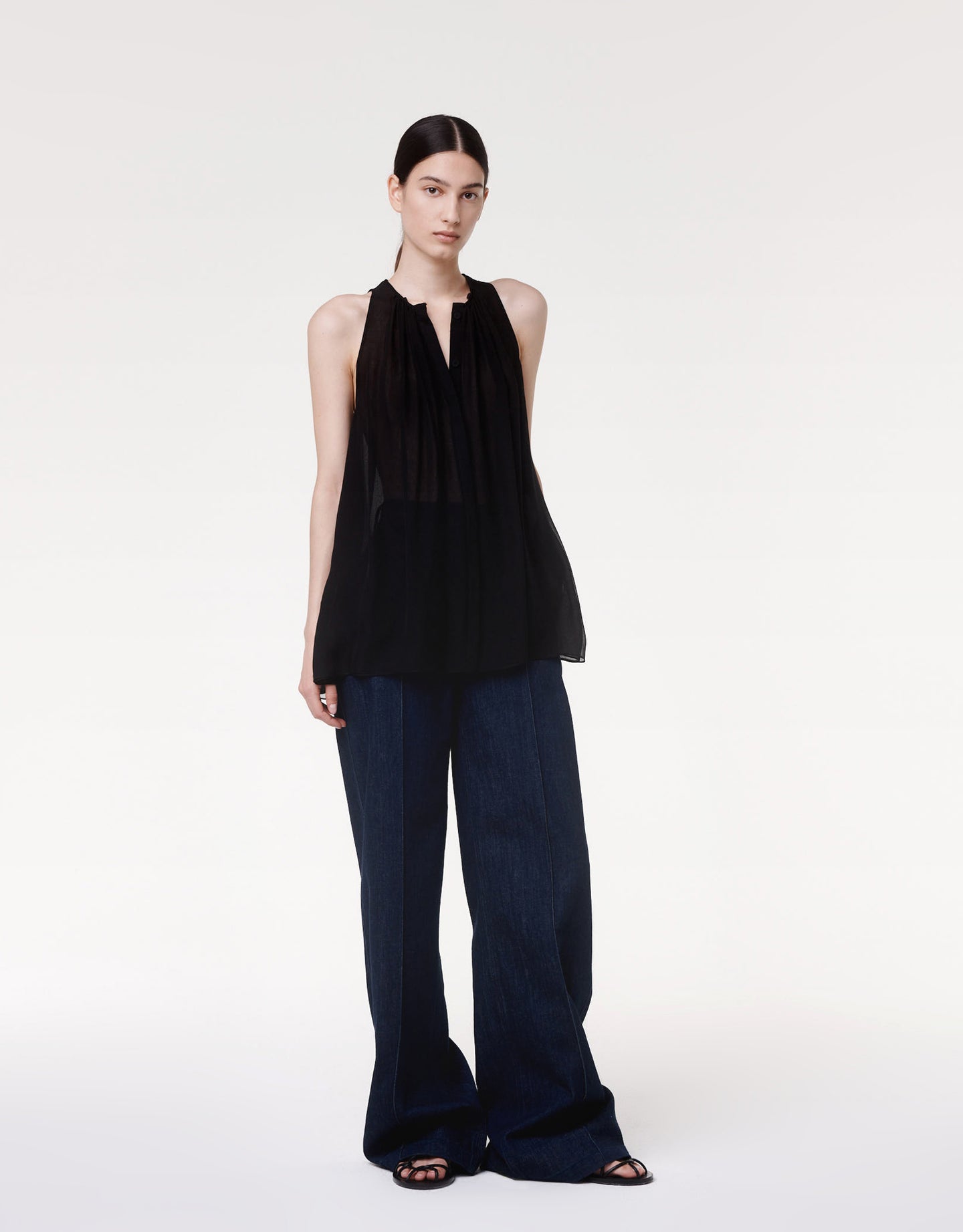 Another Tomorrow Silk Chiffon Scarf Blouse in Black – Silk Women's Top