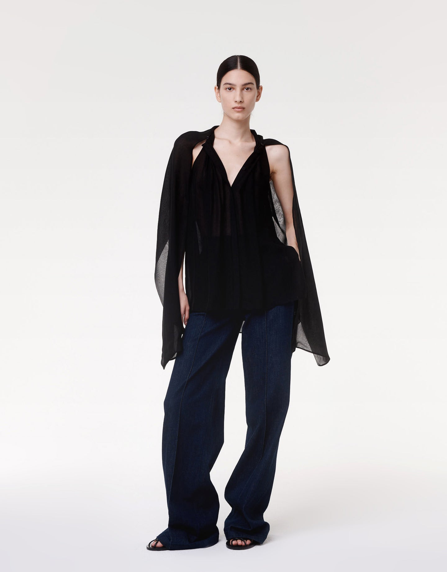 Another Tomorrow Silk Chiffon Scarf Blouse in Black – Silk Women's Top