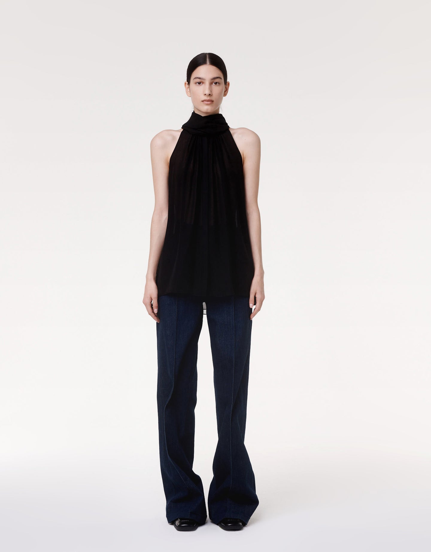 Another Tomorrow Silk Chiffon Scarf Blouse in Black – Silk Women's Top