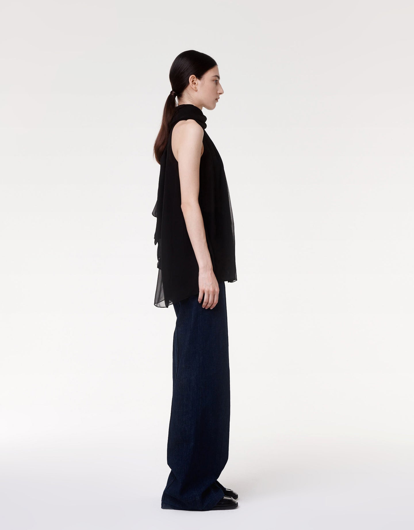 Another Tomorrow Silk Chiffon Scarf Blouse in Black – Silk Women's Top