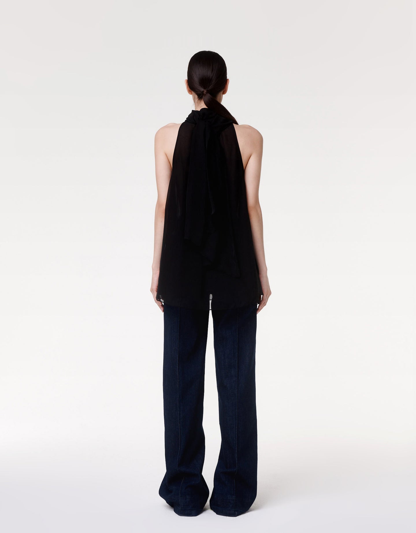 Another Tomorrow Silk Chiffon Scarf Blouse in Black – Silk Women's Top
