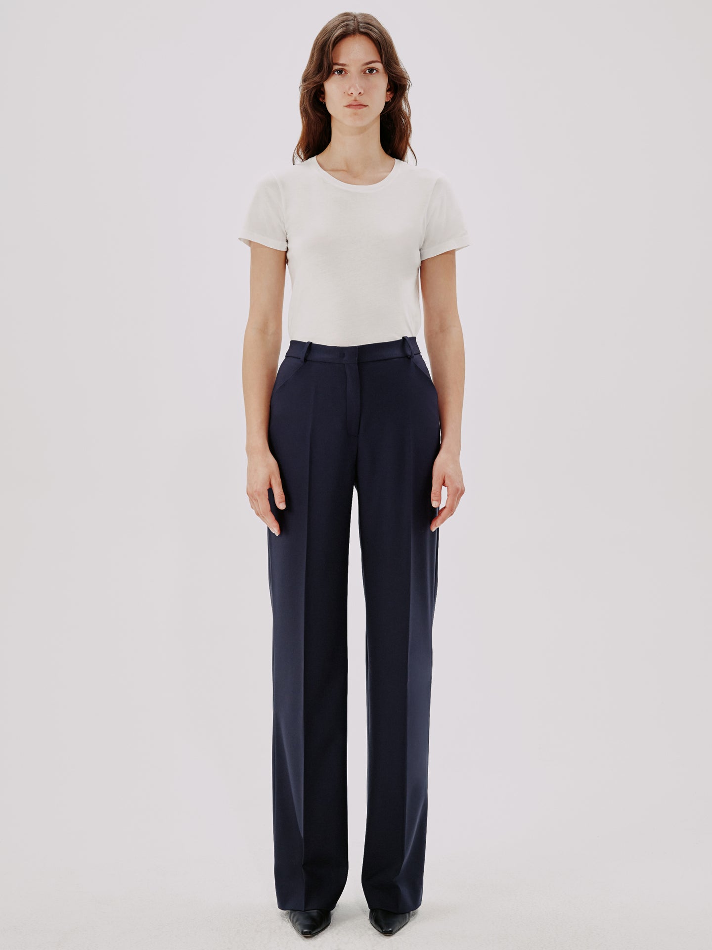 Another Tomorrow Slight Flare Trouser in Navy – Wool Women's Trousers