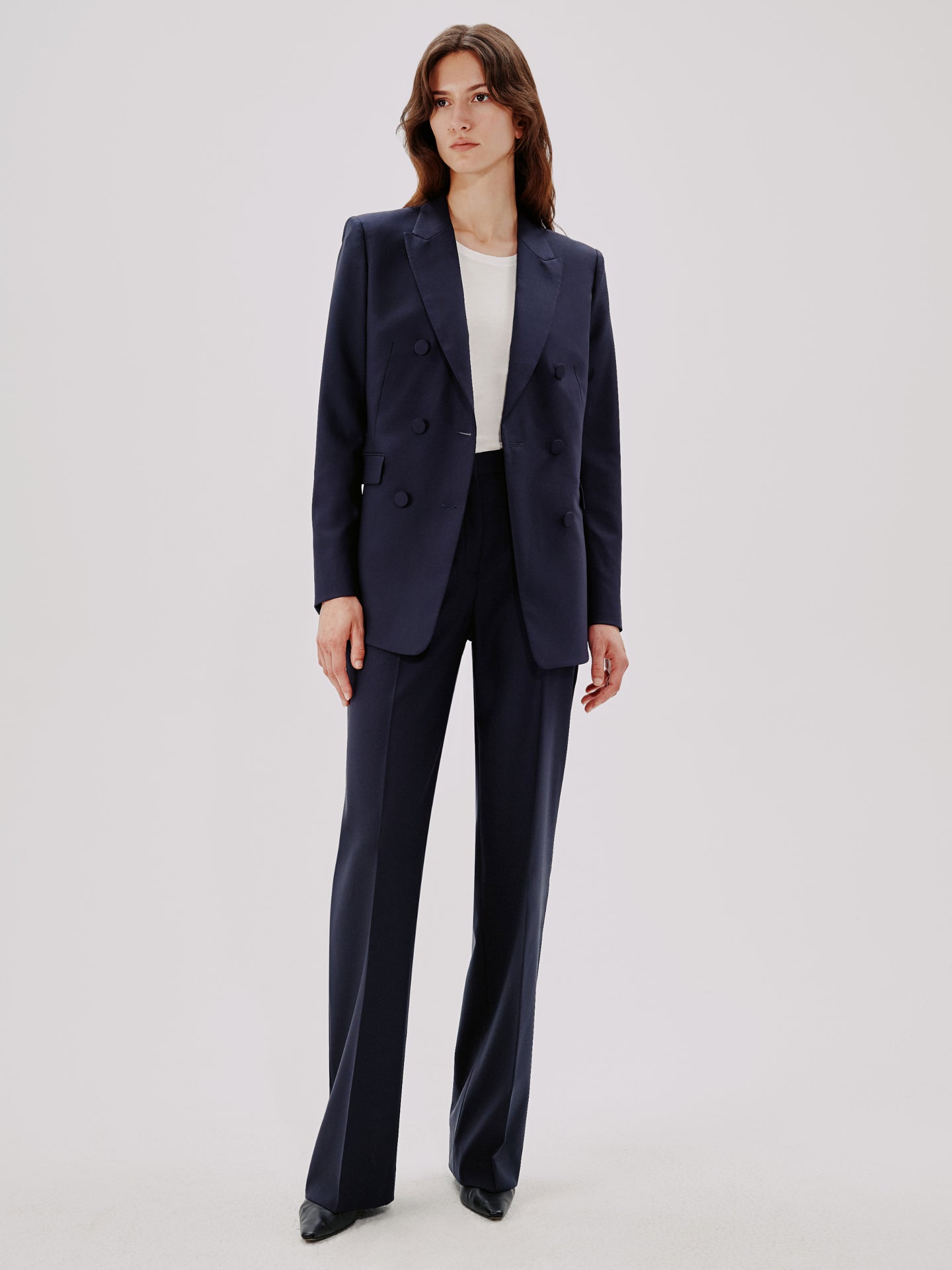Another Tomorrow Slight Flare Trouser in Navy – Wool Women's Trousers