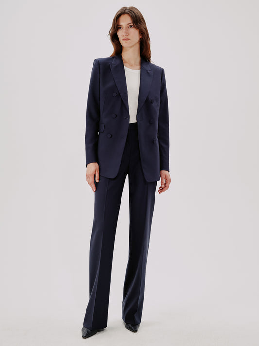 Another Tomorrow Slight Flare Trouser in Navy – Wool Women's Trousers