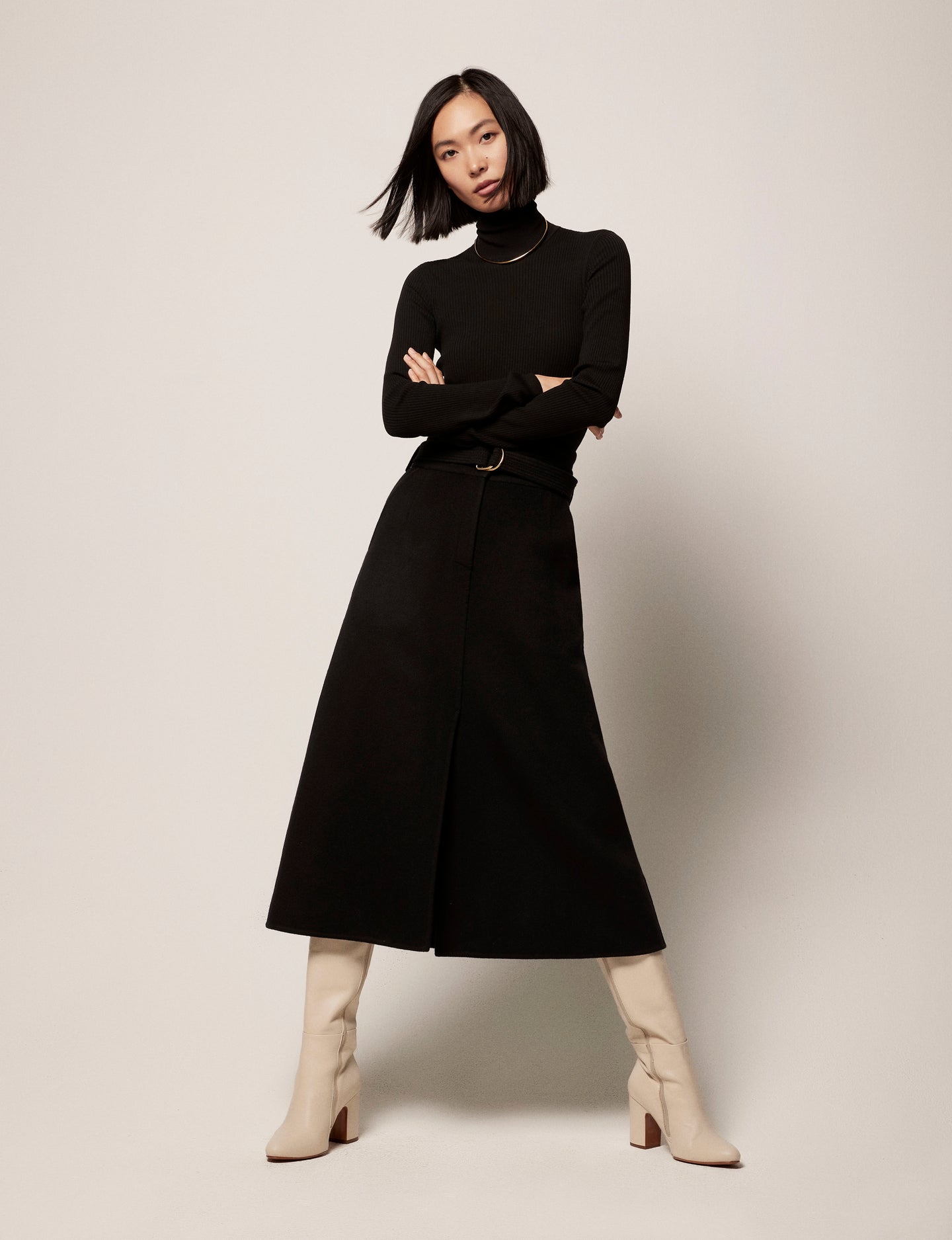 Another Tomorrow Belted A-Line Skirt in Black – Cashmere Women's Skirt