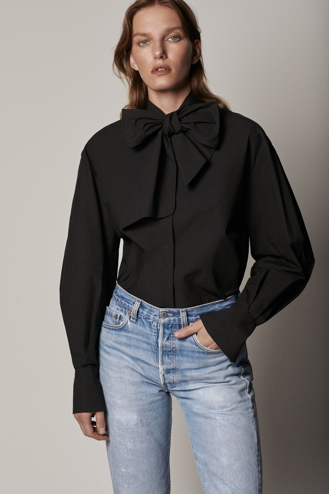 Another Tomorrow Exaggerated Bow Blouse in Black – Cotton Women's Top