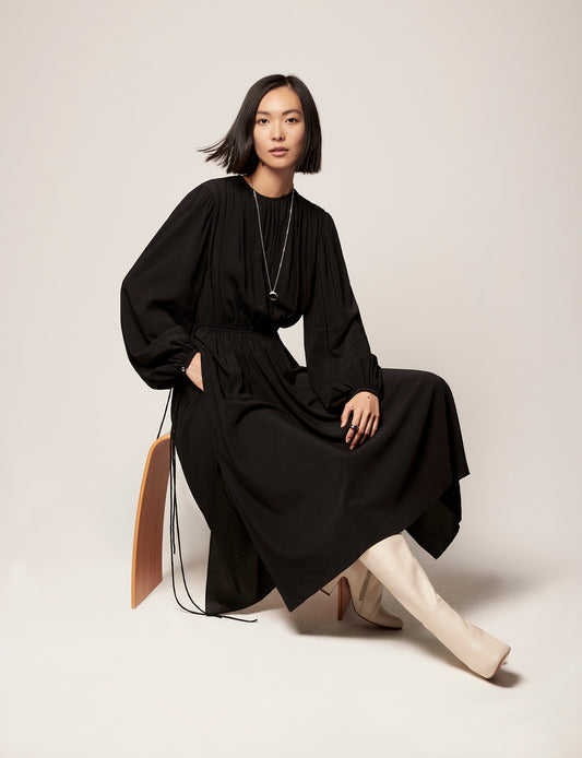 Another Tomorrow Drawstring Gathered Dress in Black – Viscose Women's Dress
