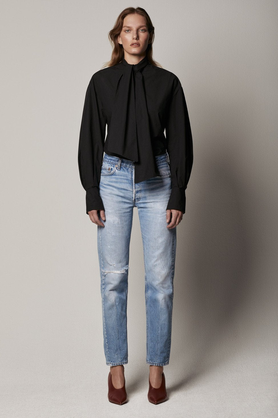 Another Tomorrow Exaggerated Bow Blouse in Black – Cotton Women's Top