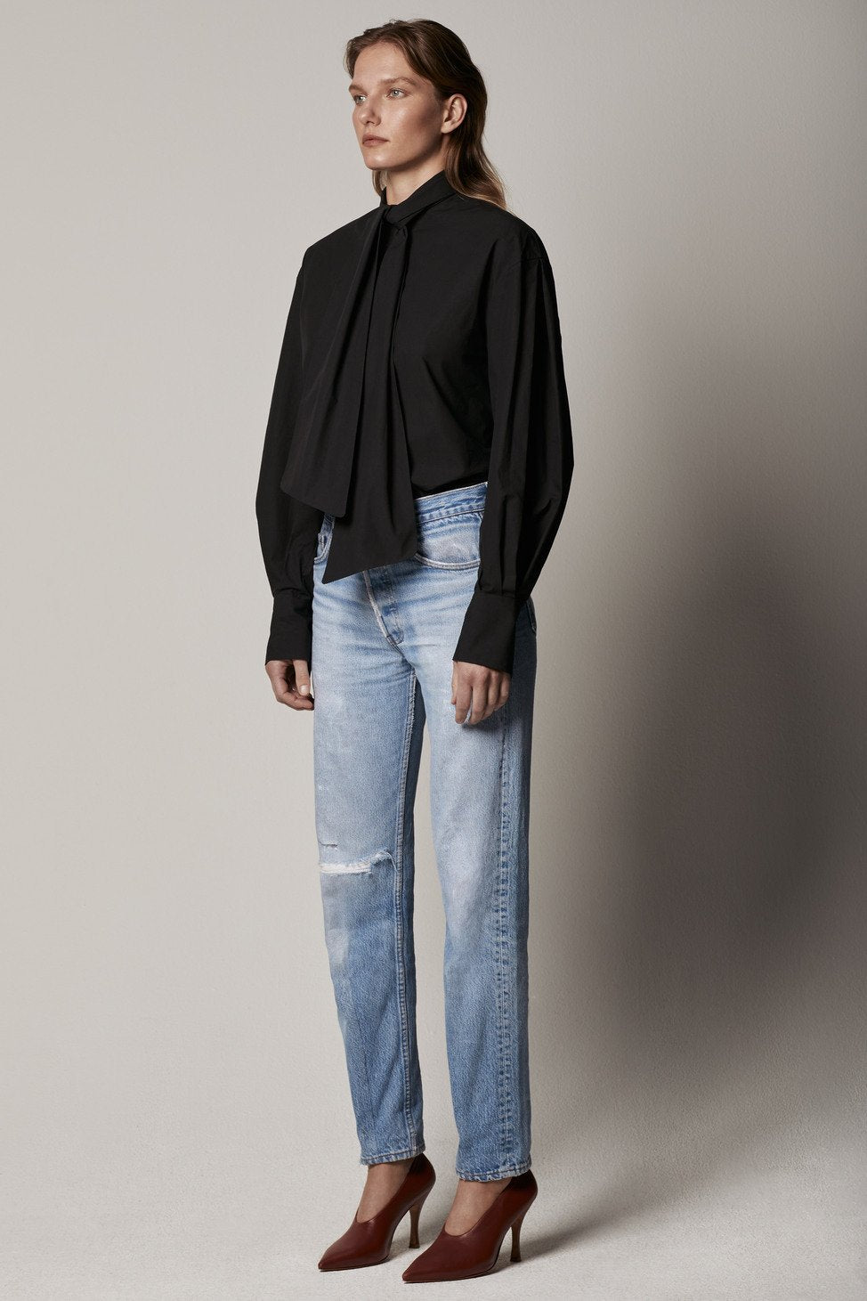 Another Tomorrow Exaggerated Bow Blouse in Black – Cotton Women's Top