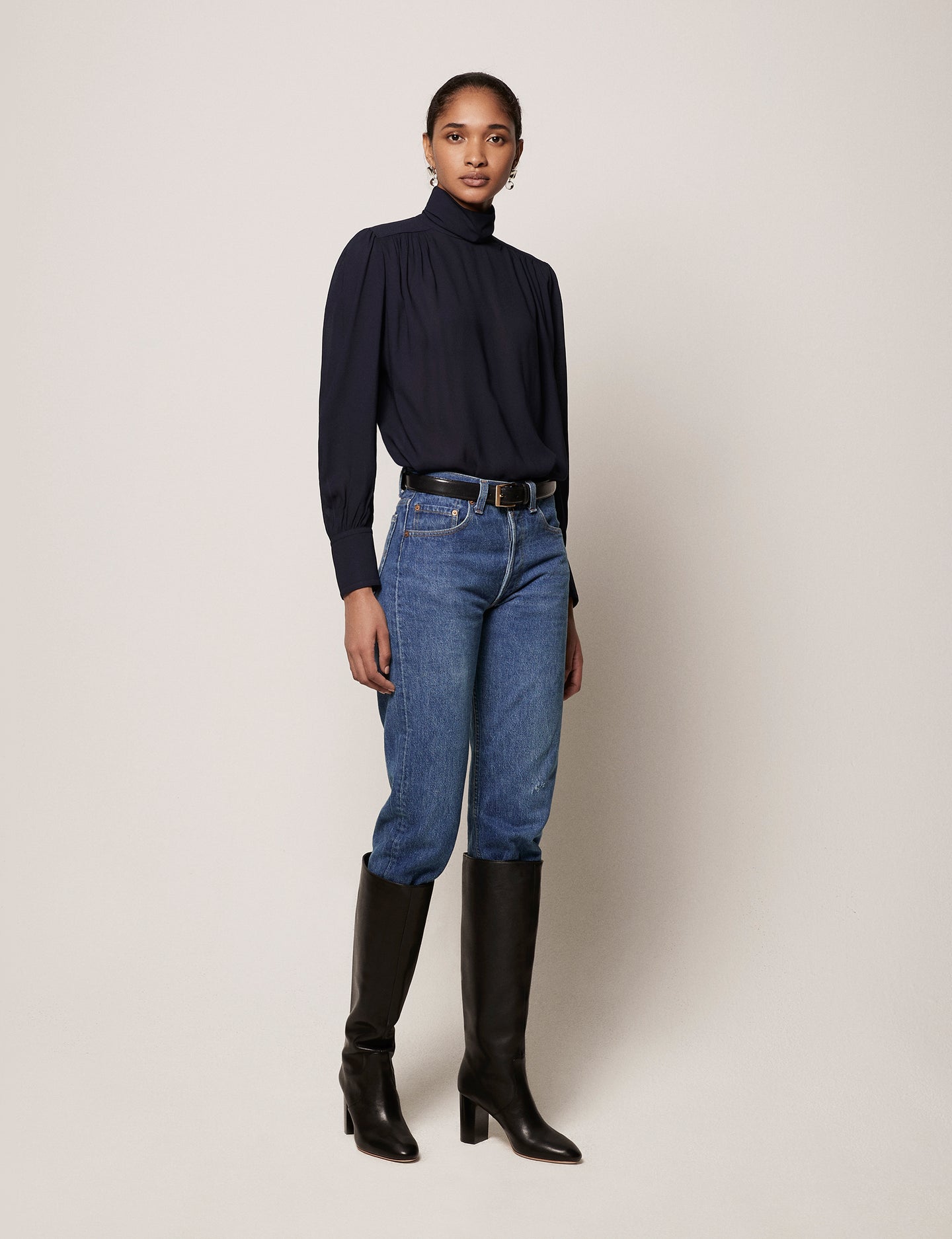 Another Tomorrow High Neck Blouse in Midnight – Viscose Women's Top