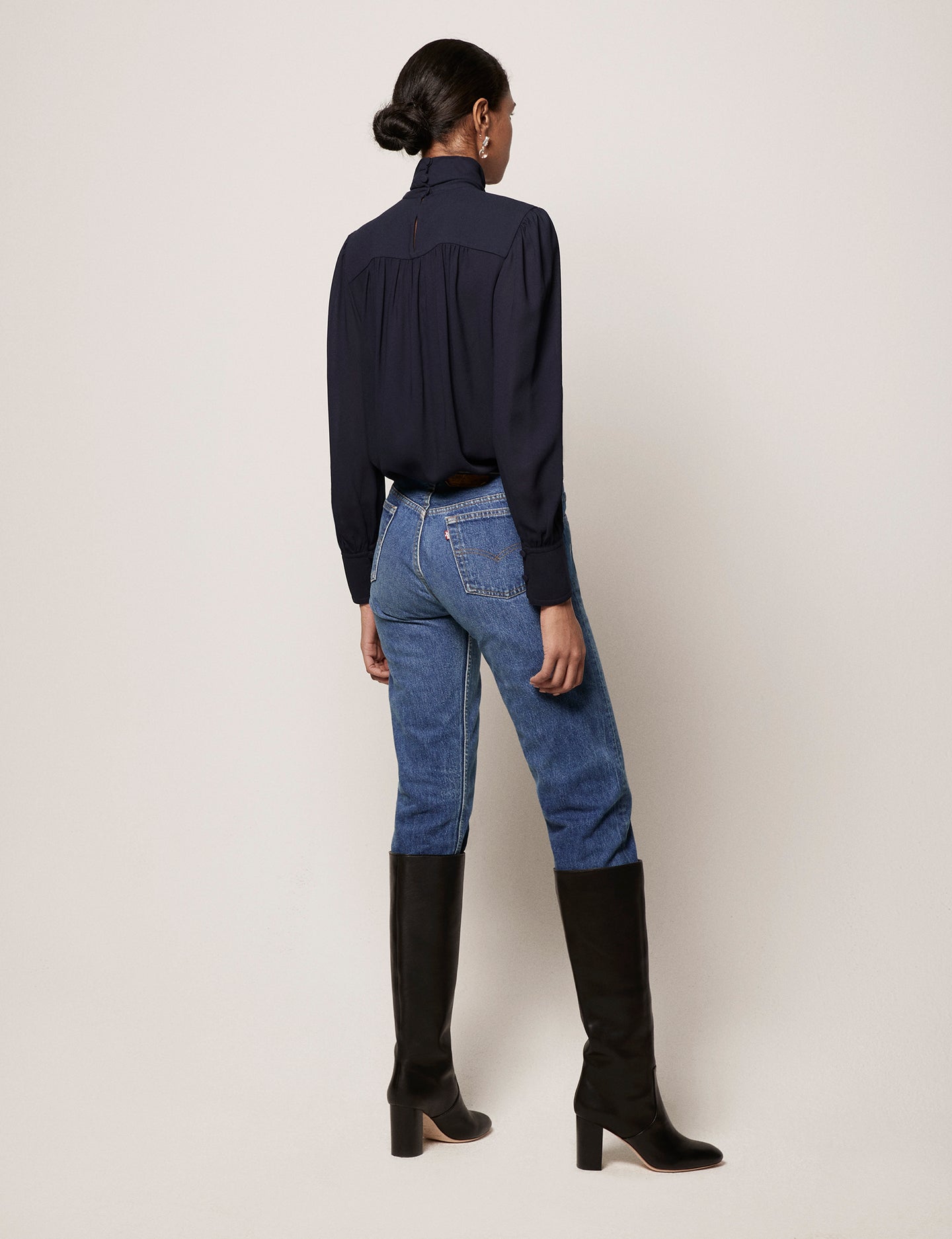 Another Tomorrow High Neck Blouse in Midnight – Viscose Women's Top