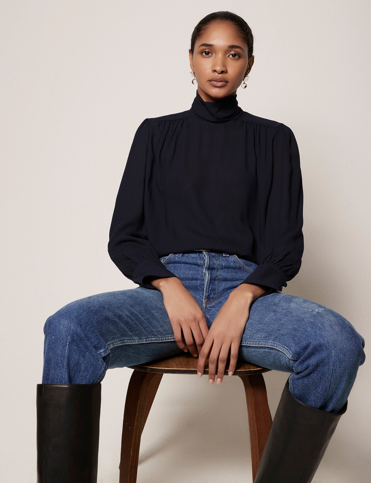 Another Tomorrow High Neck Blouse in Midnight – Viscose Women's Top