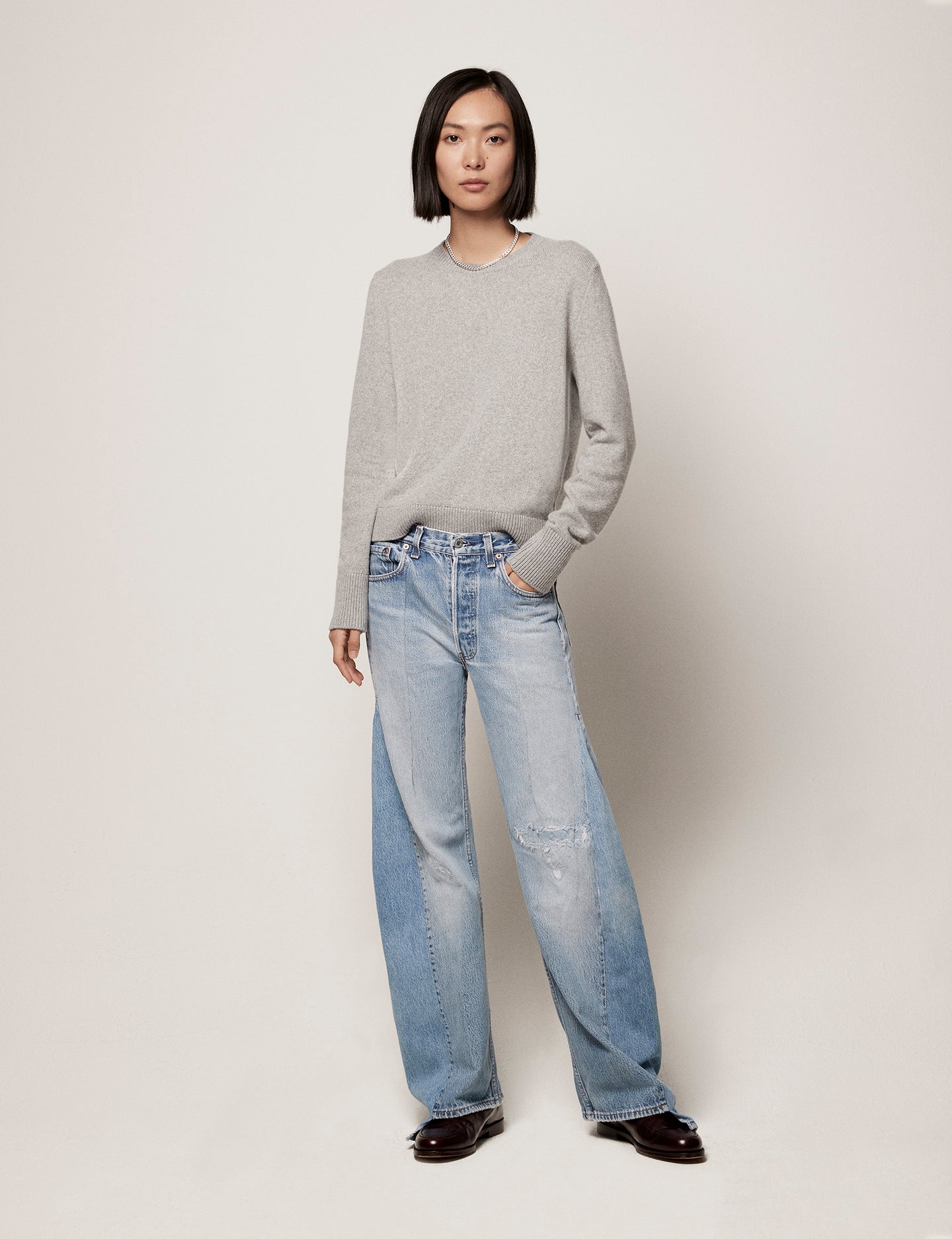 Another Tomorrow Classic Cashmere Crewneck in Heather Grey – Cashmere Women's Knitwear