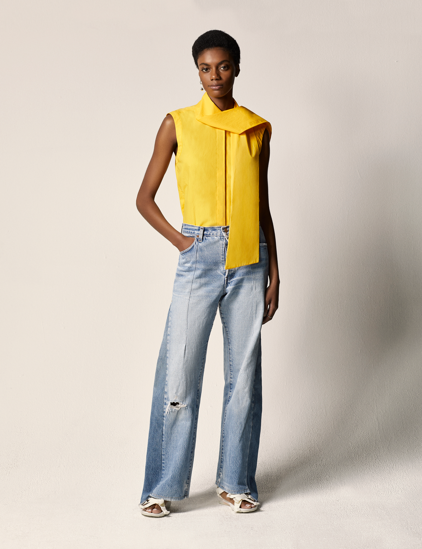 Another Tomorrow Sleeveless Tie Blouse in Sun – Cotton Women's Top