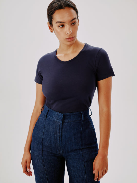 Another Tomorrow Crew Neck T-Shirt in Navy – Cotton Women's Top