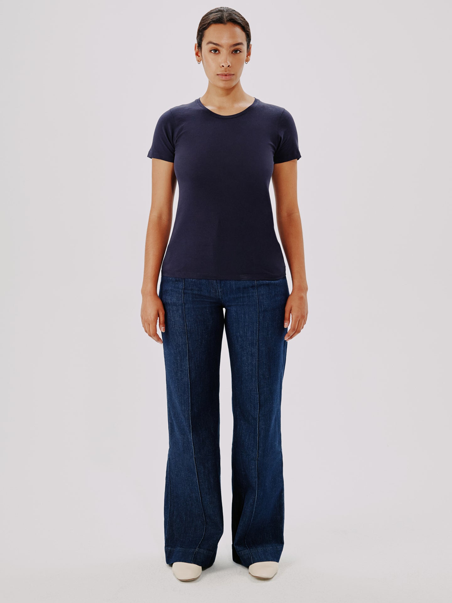 Another Tomorrow Crew Neck T-Shirt in Navy – Cotton Women's Top