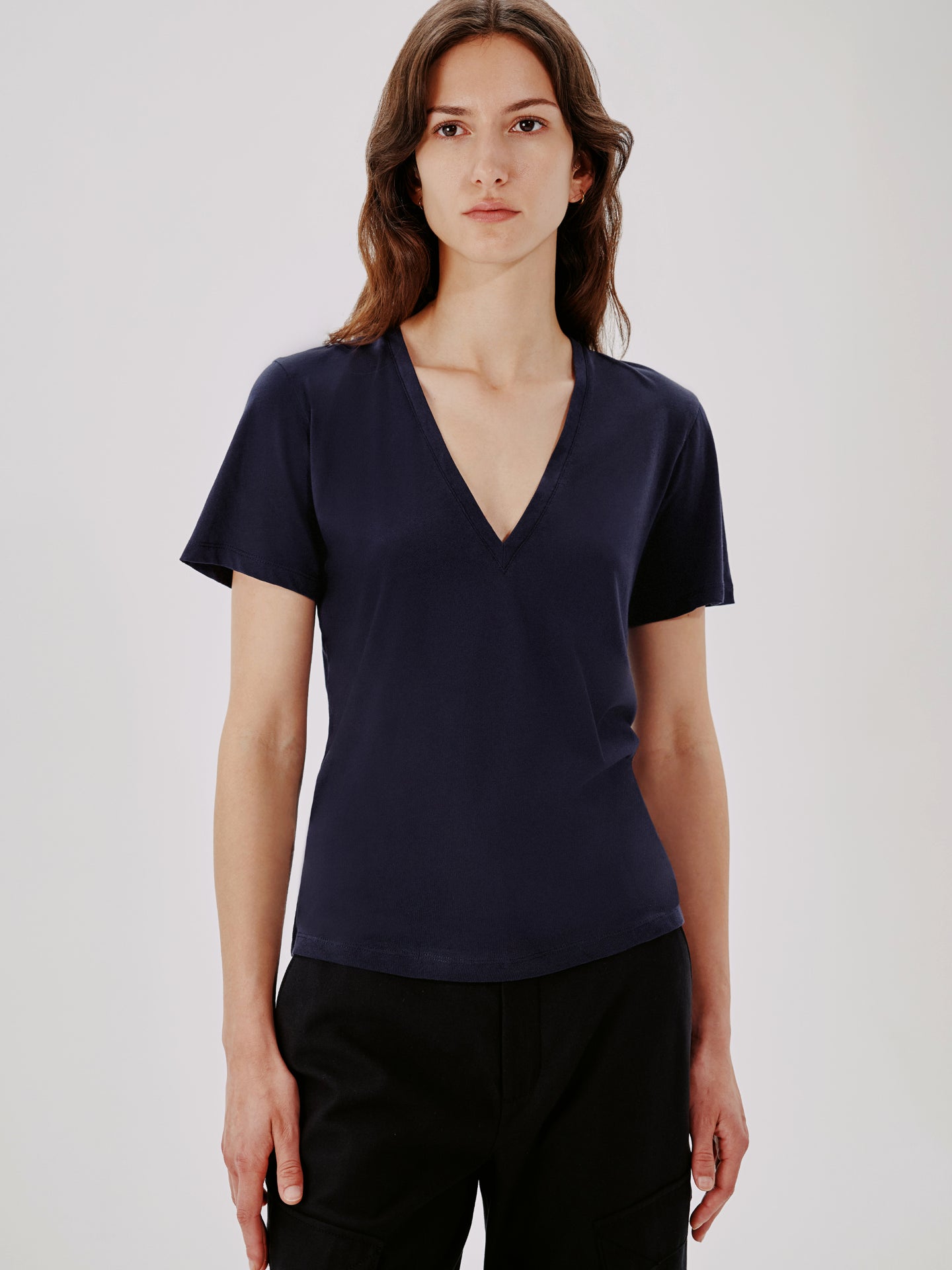 Another Tomorrow V-Neck Tee in Navy – Cotton Women's Top