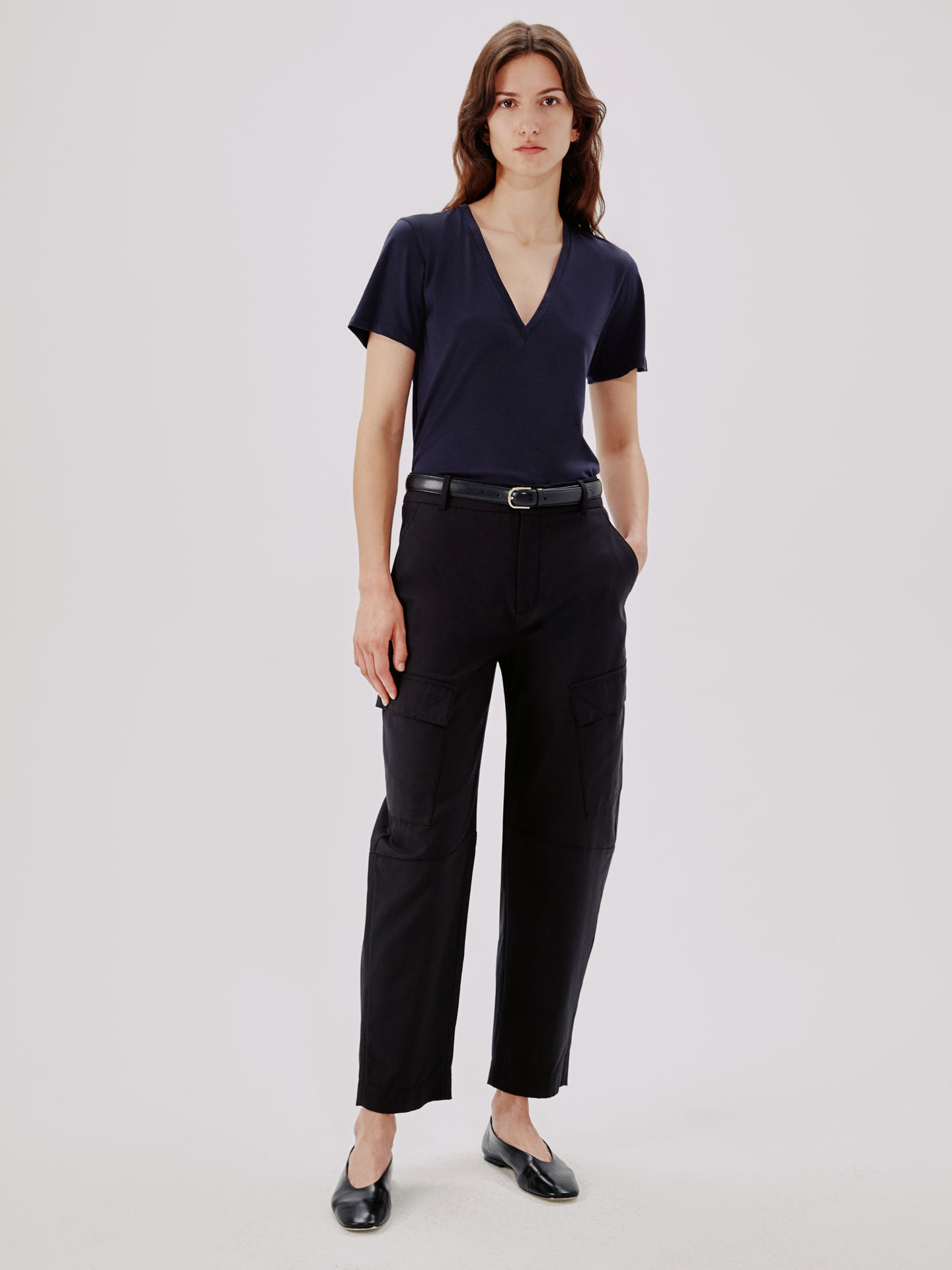 Another Tomorrow V-Neck Tee in Navy – Cotton Women's Top