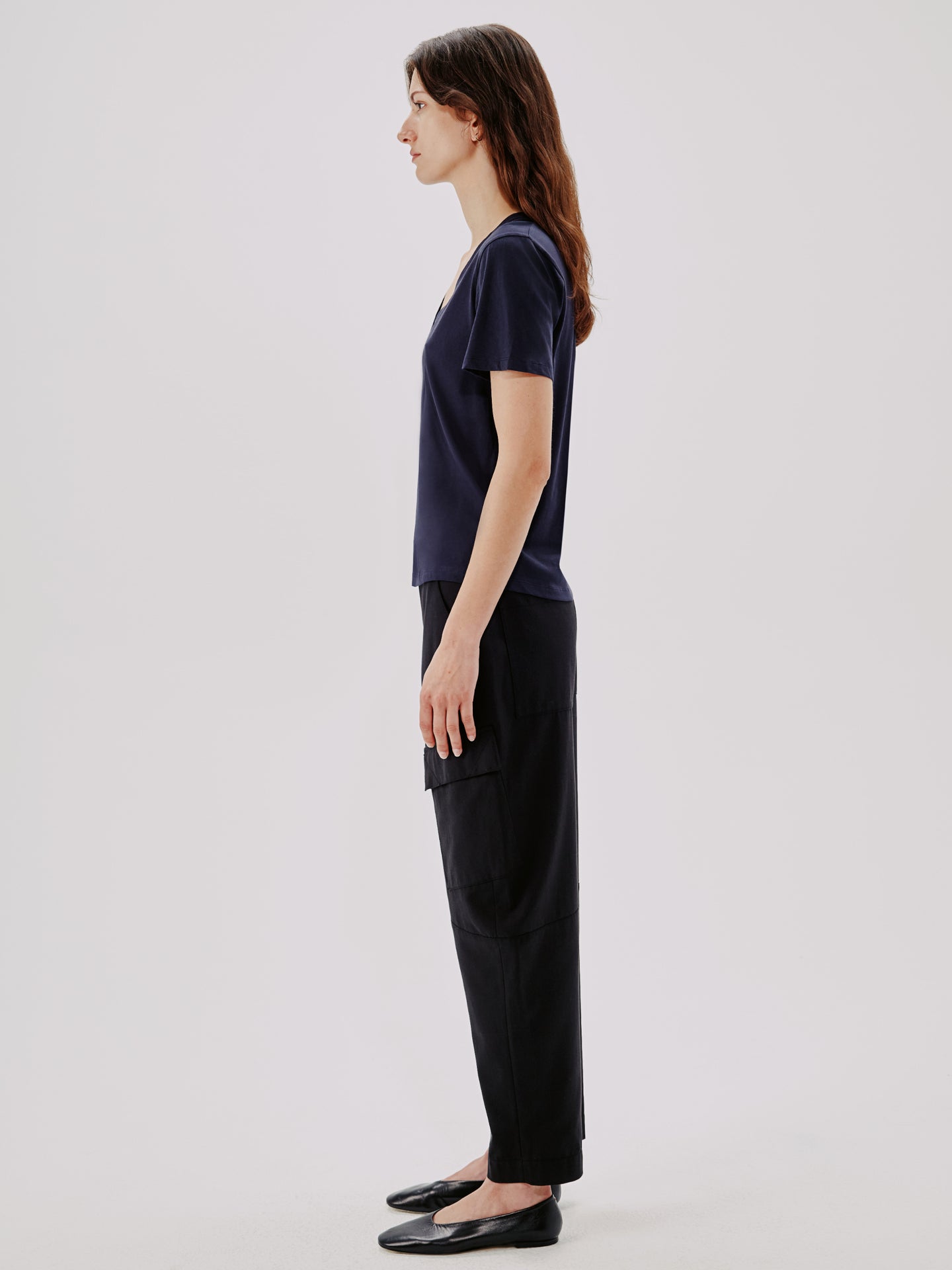 Another Tomorrow V-Neck Tee in Navy – Cotton Women's Top
