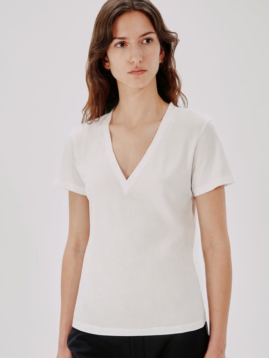 Another Tomorrow V-Neck Tee in White – Cotton Women's Top