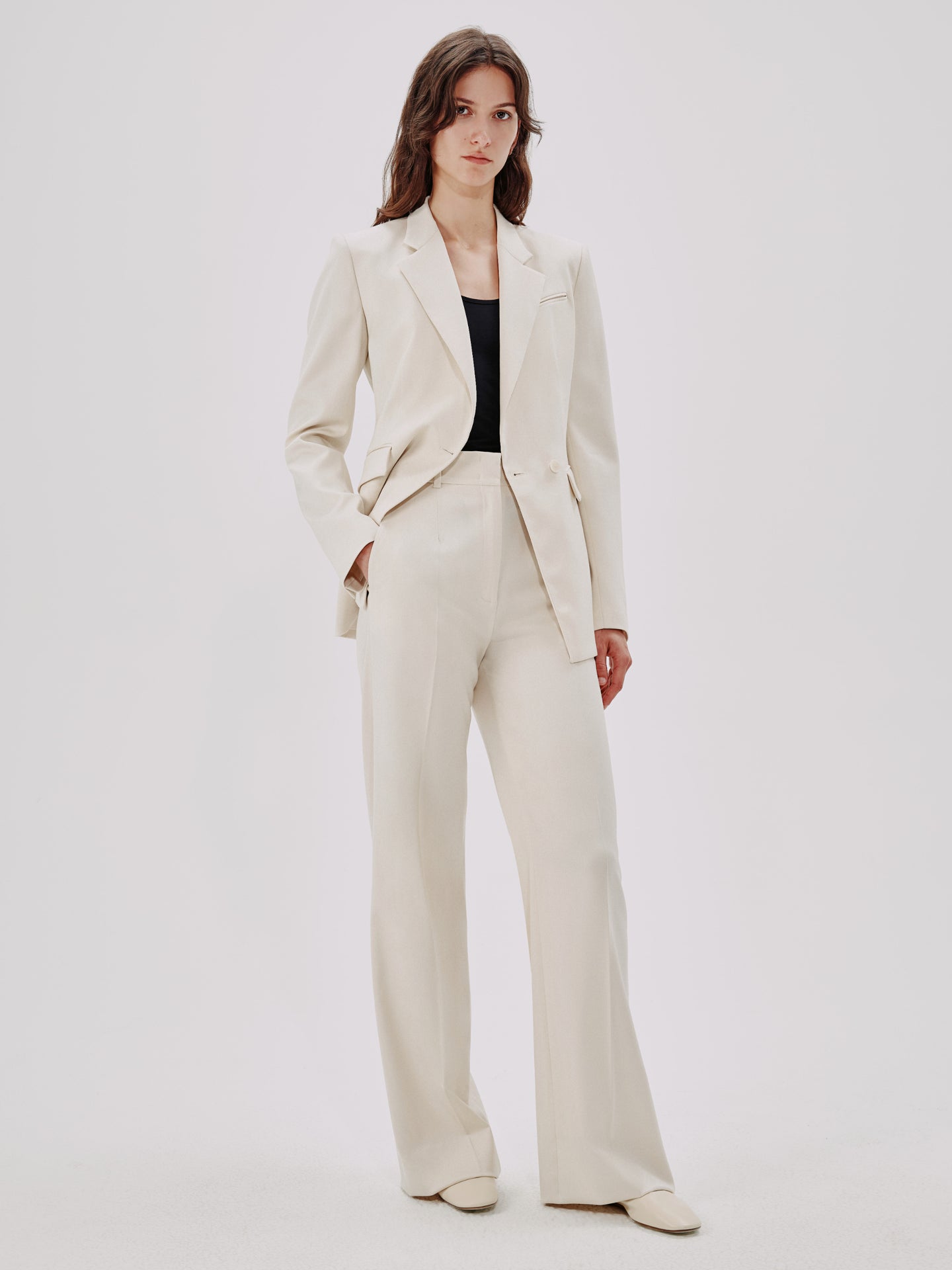 Another Tomorrow Wide Leg Suit Pant in Parchment – Wool Women's Trousers