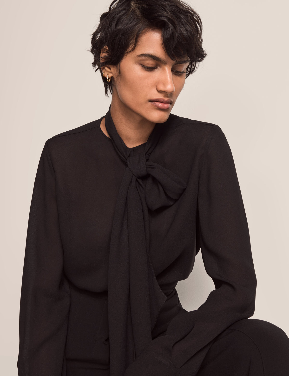 Another Tomorrow Bow Blouse in Black – Viscose Women's Top