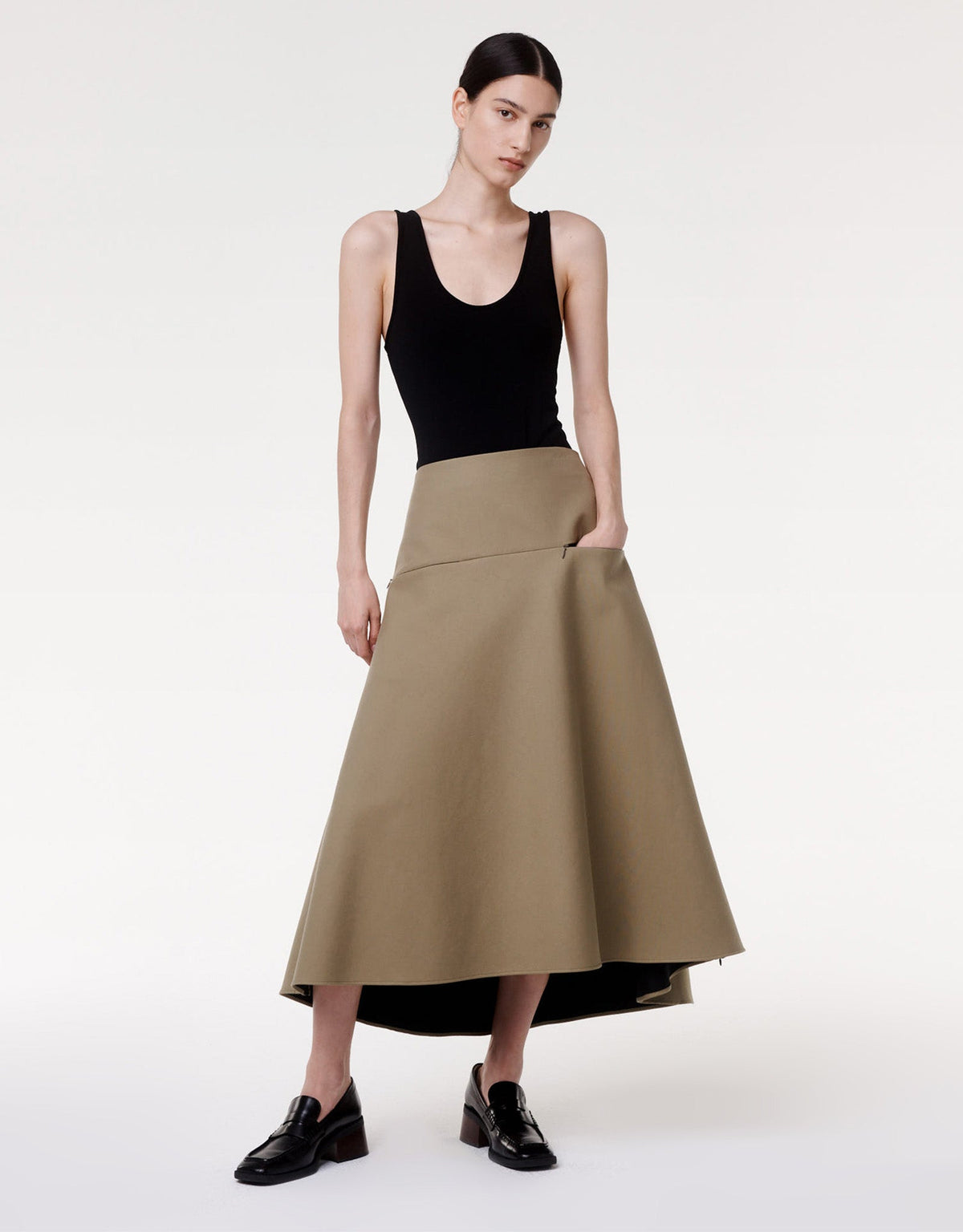 Another Tomorrow Contrast A Line Skirt in Olive/Black – Cotton Women's Skirt
