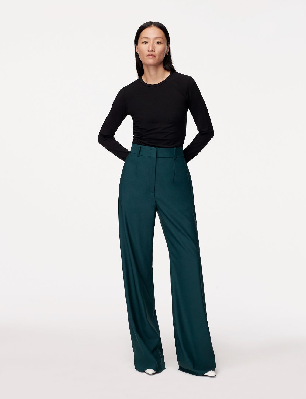 Another Tomorrow Wide Leg Suit Pant in Juniper – Wool Women's Trousers
