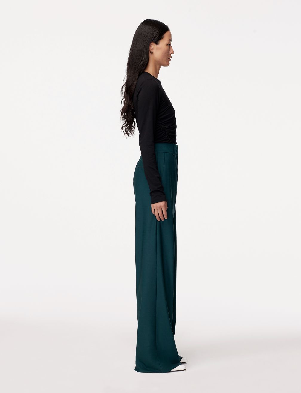 Another Tomorrow Wide Leg Suit Pant in Juniper – Wool Women's Trousers