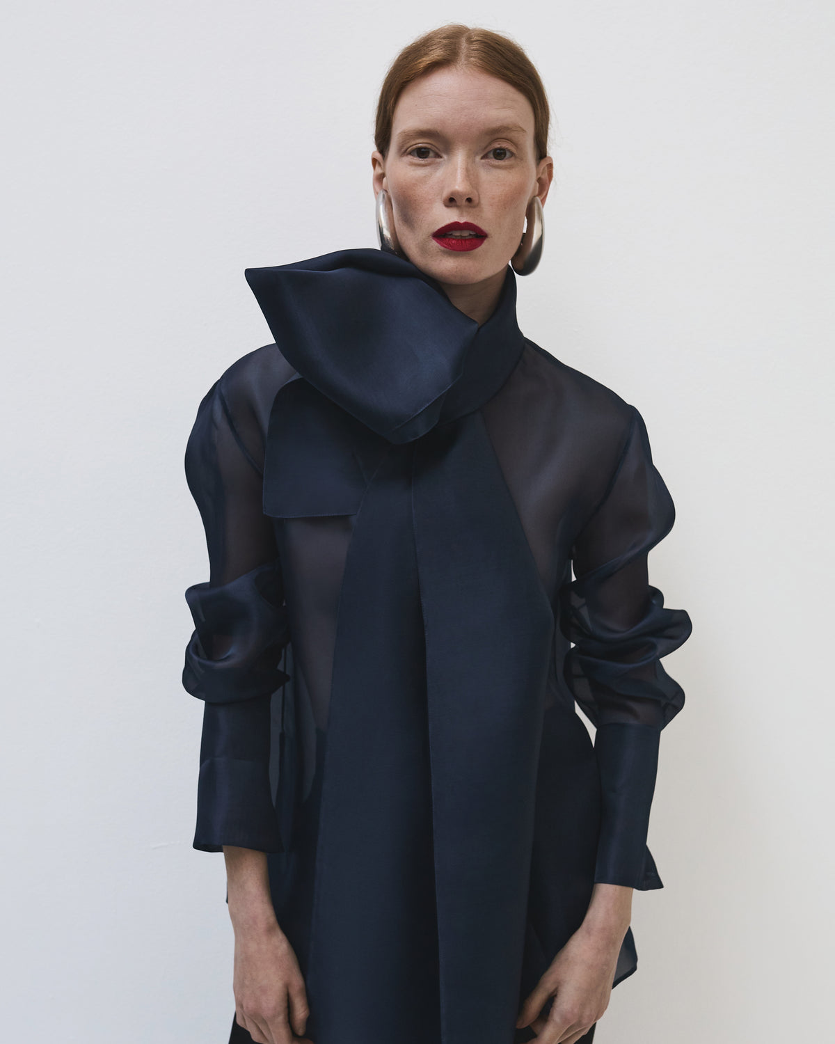 Another Tomorrow Organza Bow Blouse in Indigo – Silk Women's Top