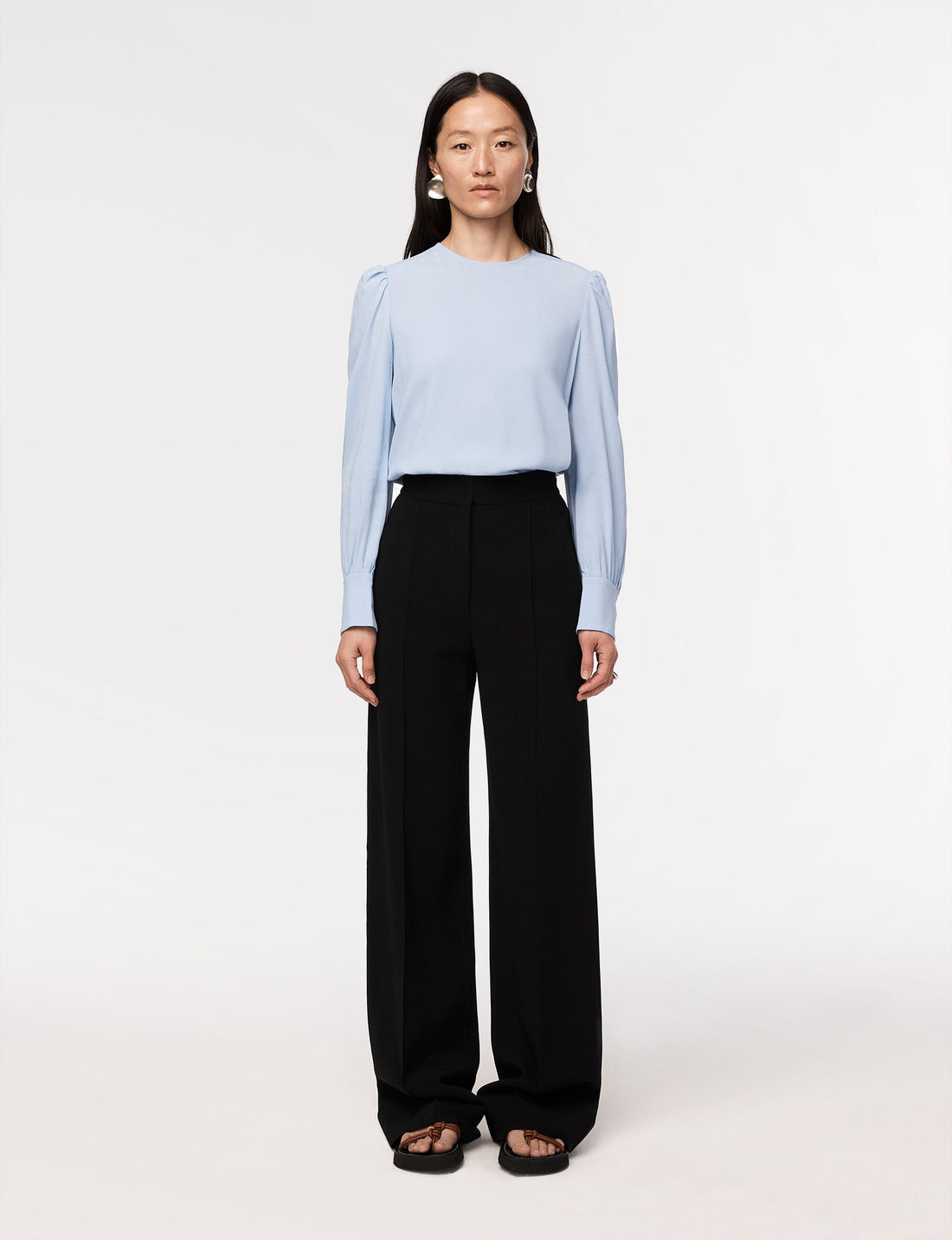 Another Tomorrow Gathered Sleeve Crewneck Blouse in Oxford Blue – Viscose Women's Knitwear
