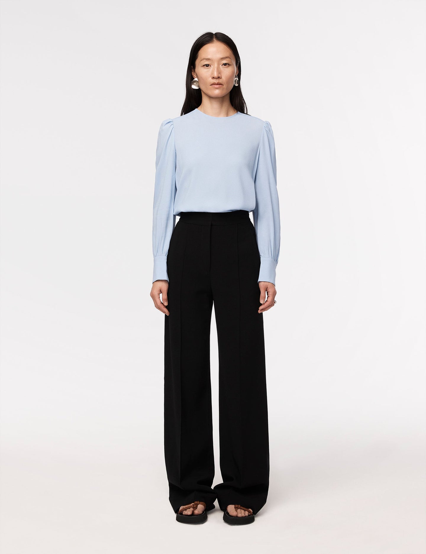 Another Tomorrow Gathered Sleeve Crewneck Blouse in Oxford Blue – Viscose Women's Knitwear
