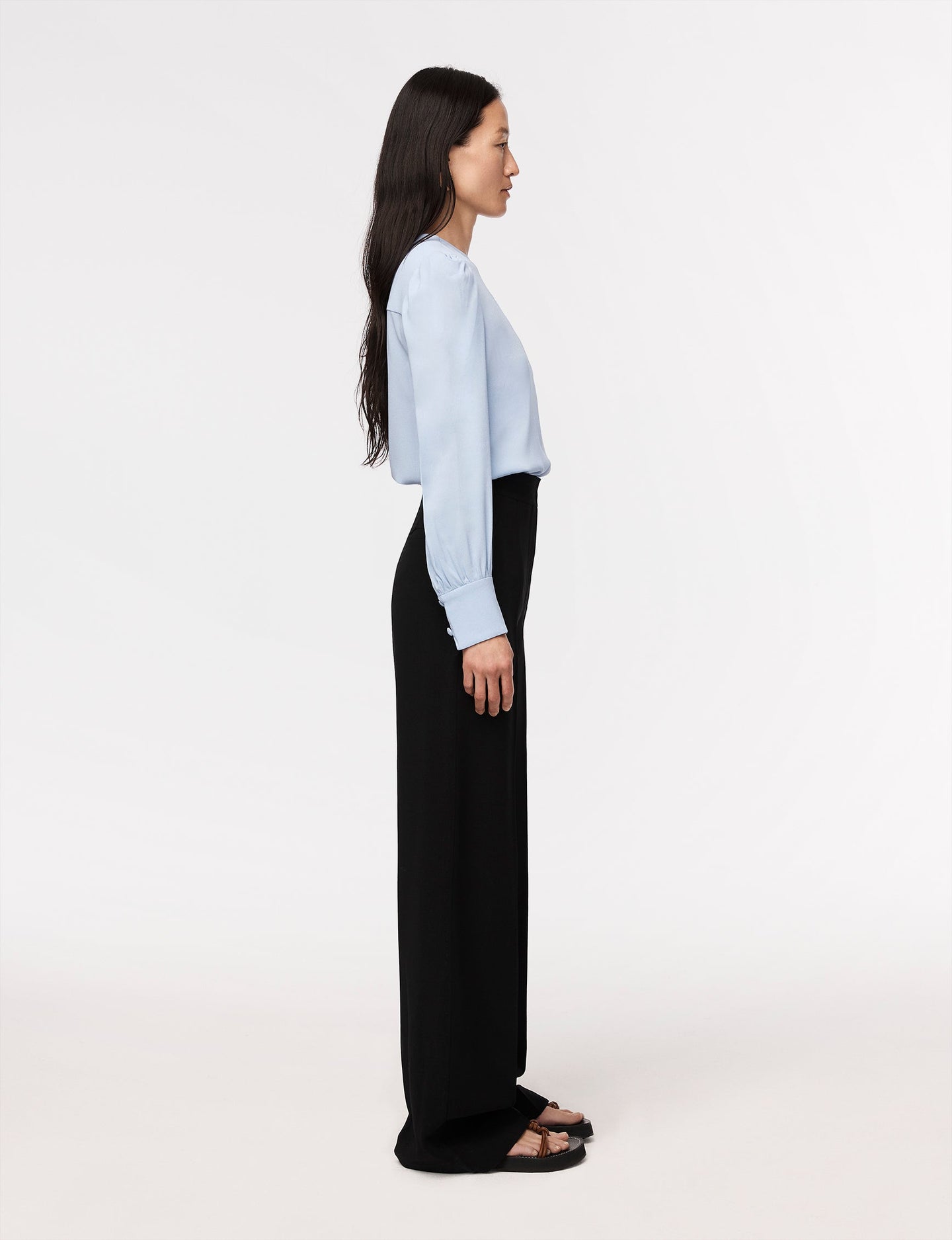 Another Tomorrow Gathered Sleeve Crewneck Blouse in Oxford Blue – Viscose Women's Knitwear