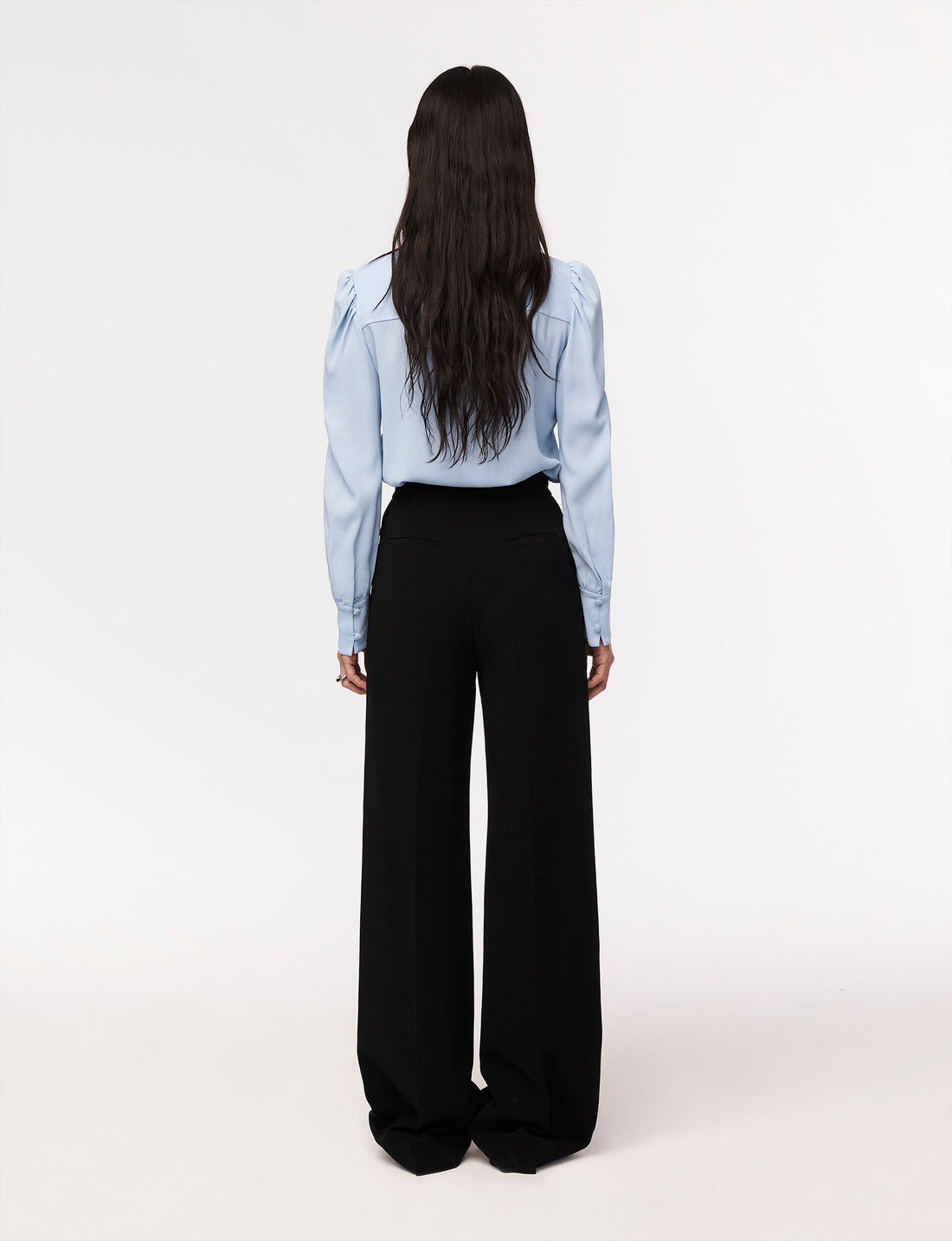 Another Tomorrow Gathered Sleeve Crewneck Blouse in Oxford Blue – Viscose Women's Knitwear