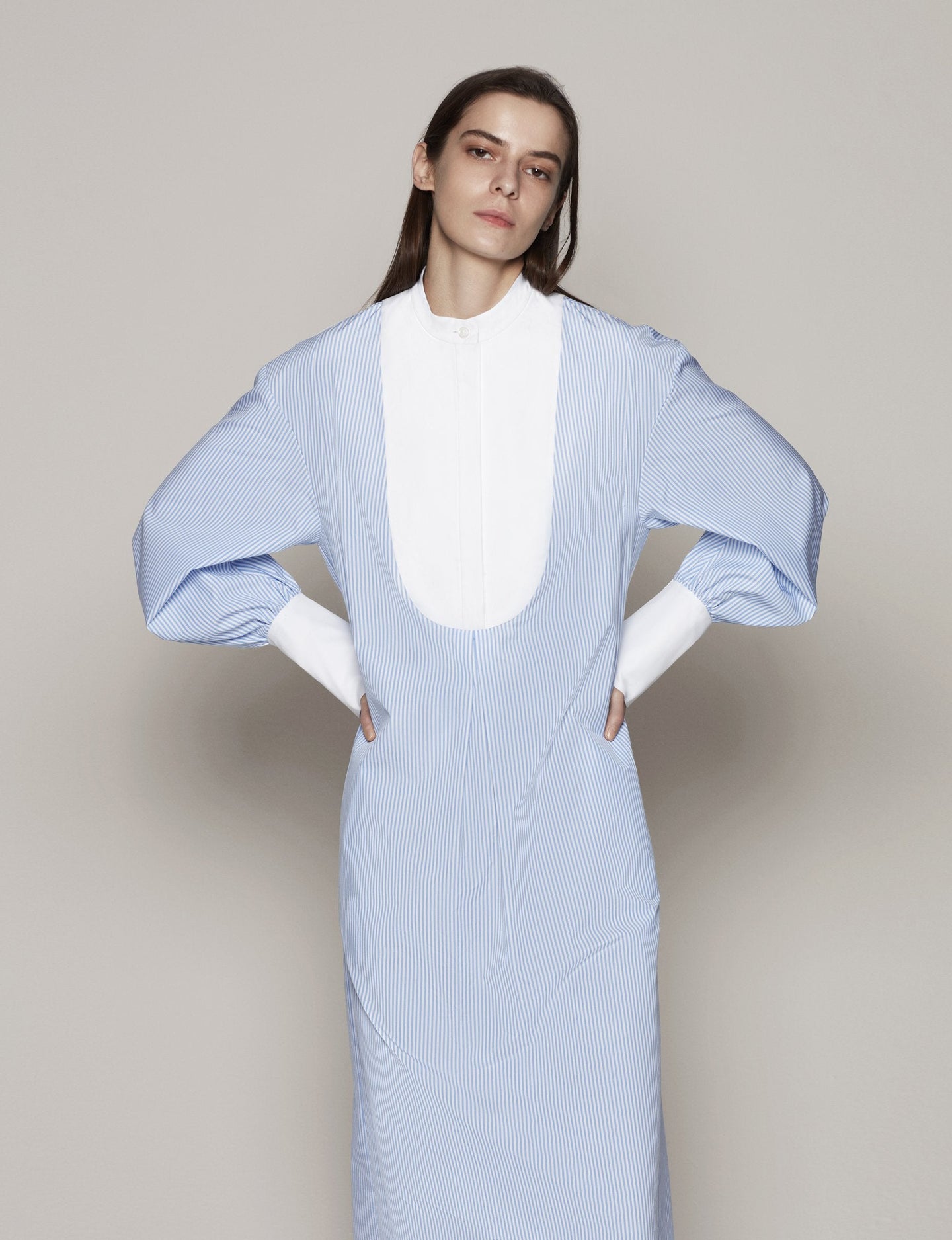 Another Tomorrow Bib Shirt Dress in Blue Stripe – Cotton Women's Dress