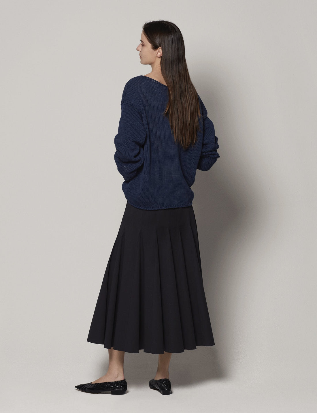 Another Tomorrow Draped Knit Sweater in Navy – Cotton Women's Knitwear
