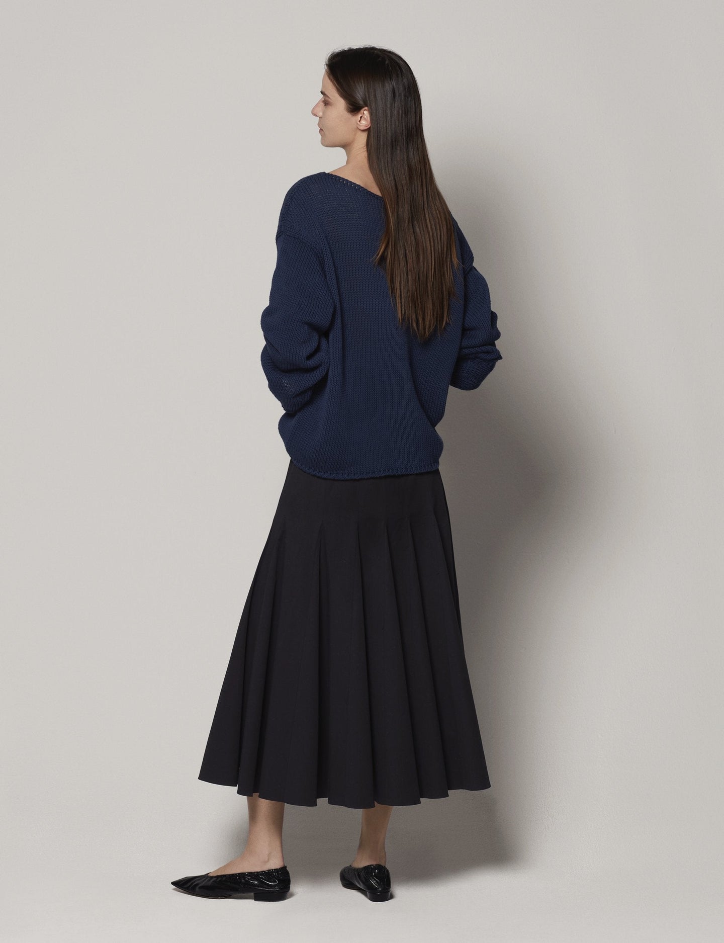 Another Tomorrow Draped Knit Sweater in Navy – Cotton Women's Knitwear