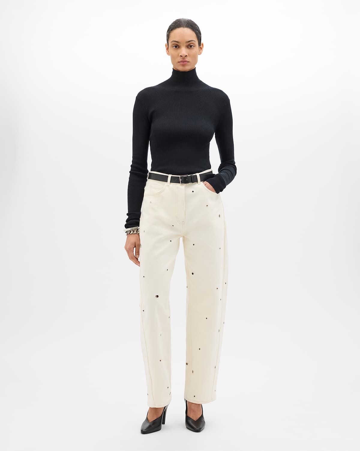 Eyelet Denim Curved Pant | Ecru