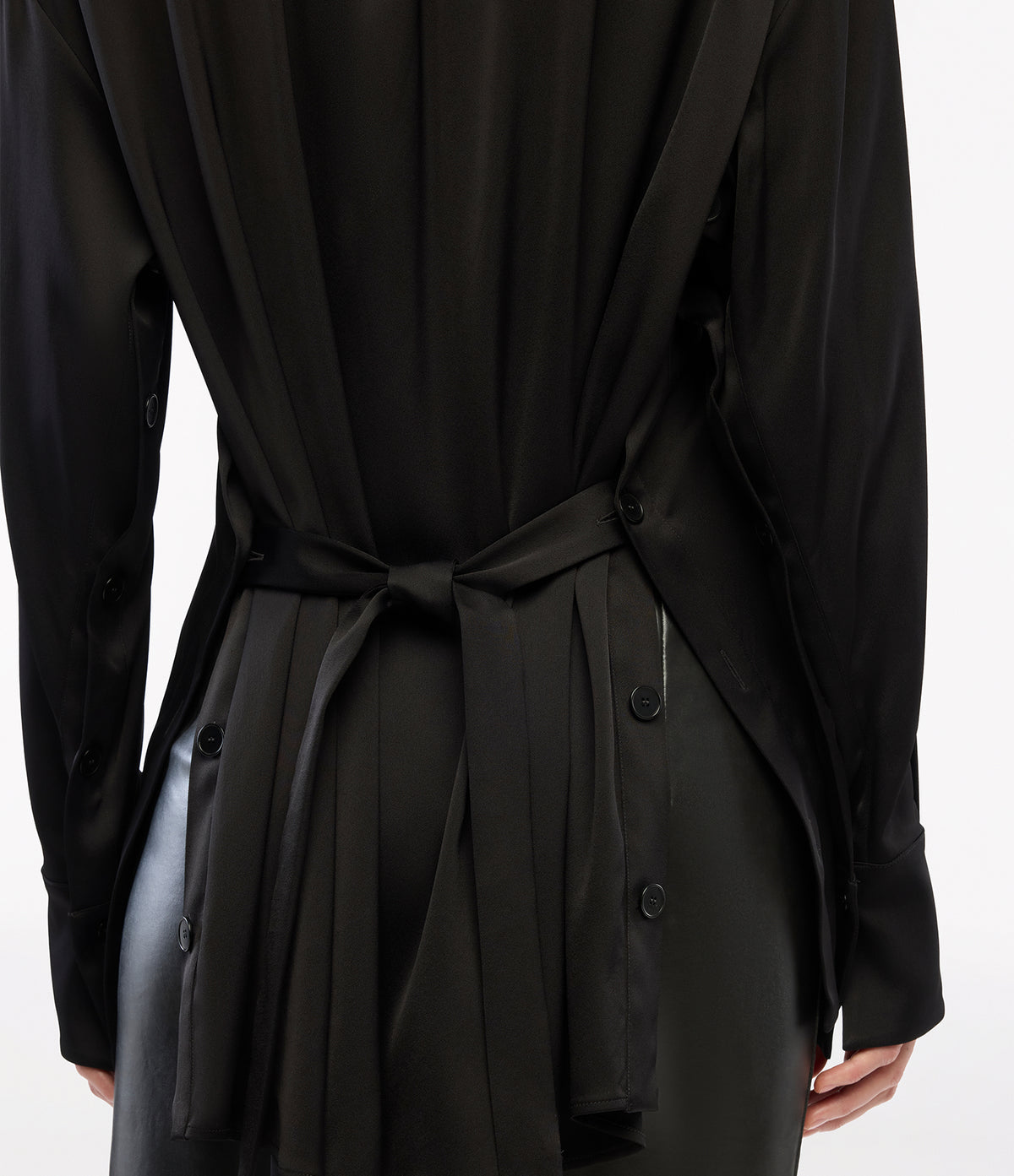 Another Tomorrow Bias Button Side Shirt in Black – Satin Women's Top
