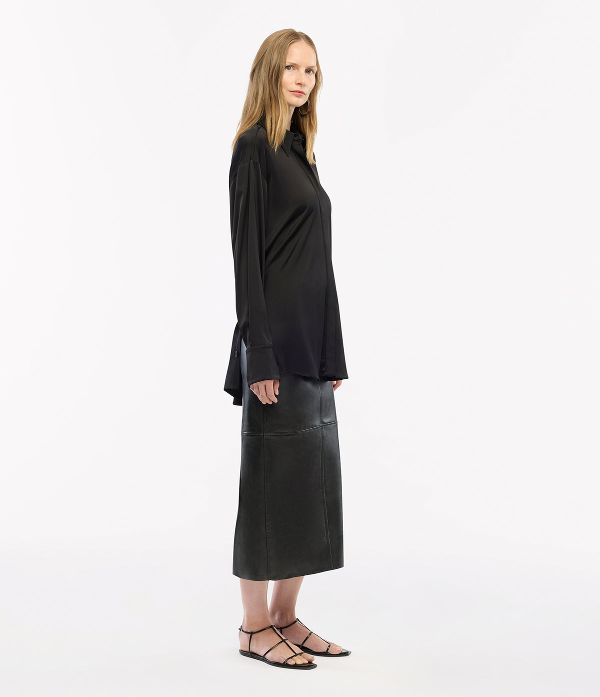 Another Tomorrow Bias Button Side Shirt in Black – Satin Women's Top