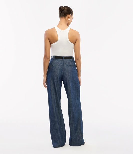 Another Tomorrow Chambray Relaxed Wide Leg Pant in Dark Blue – Denim Women's Trousers