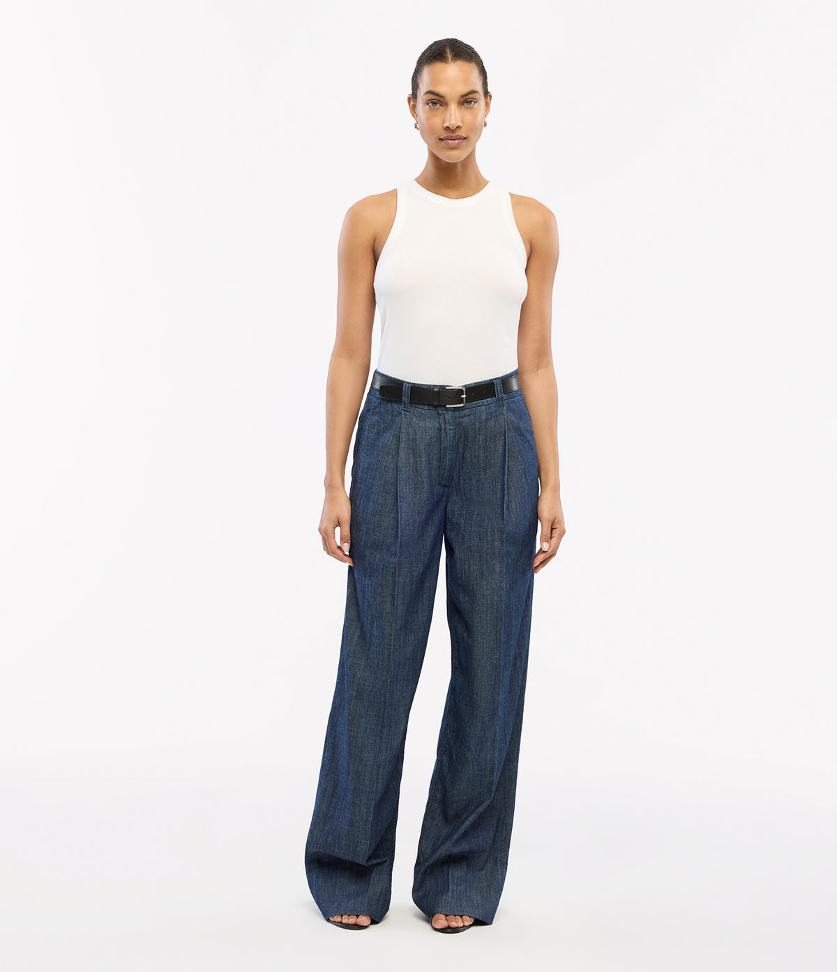 Another Tomorrow Chambray Relaxed Wide Leg Pant in Dark Blue – Denim Women's Trousers