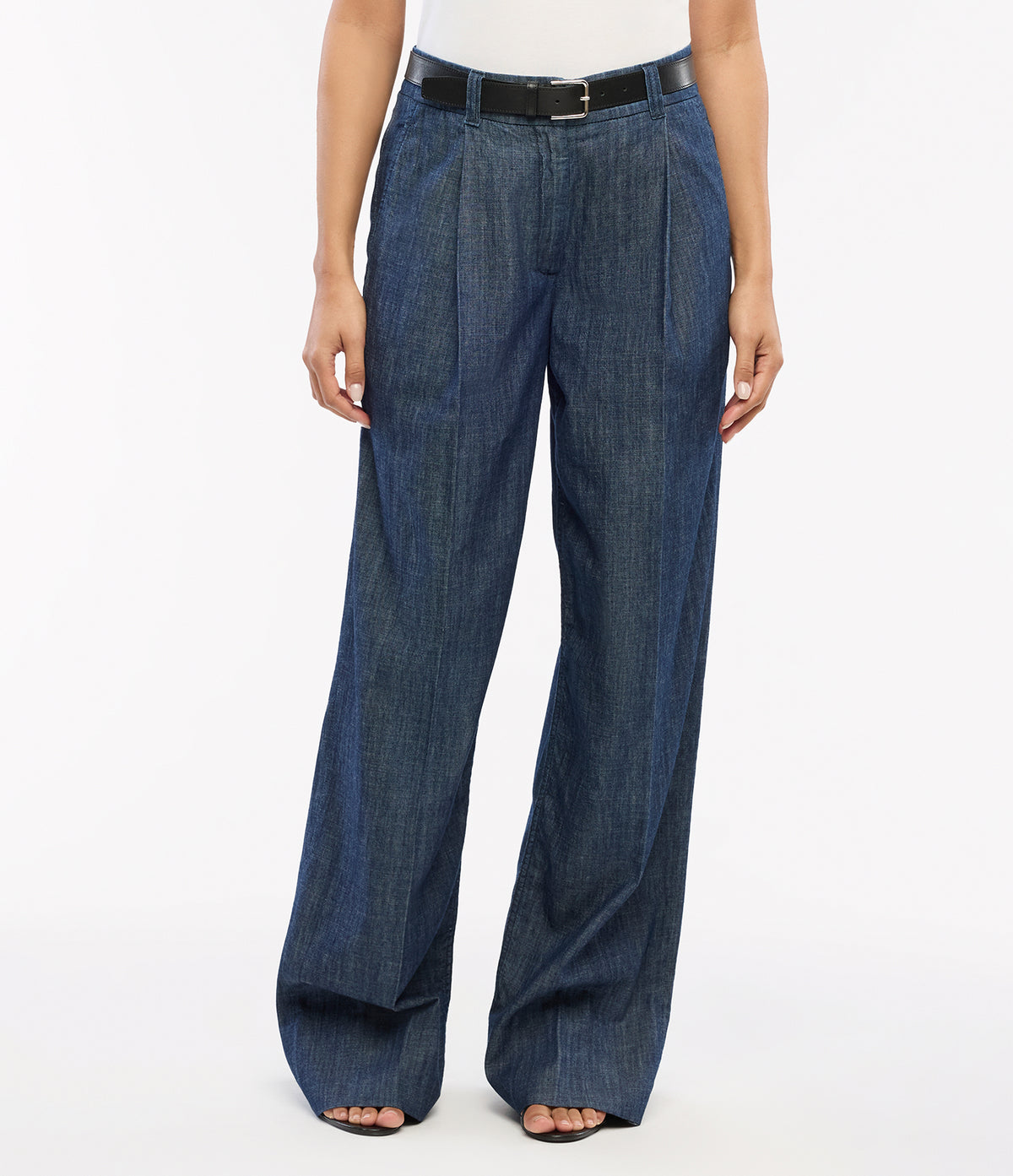 Another Tomorrow Chambray Relaxed Wide Leg Pant in Dark Blue – Denim Women's Trousers