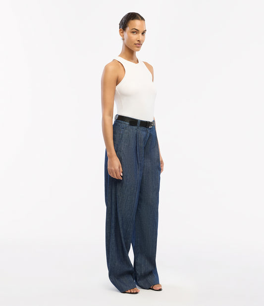 Another Tomorrow Chambray Relaxed Wide Leg Pant in Dark Blue – Denim Women's Trousers