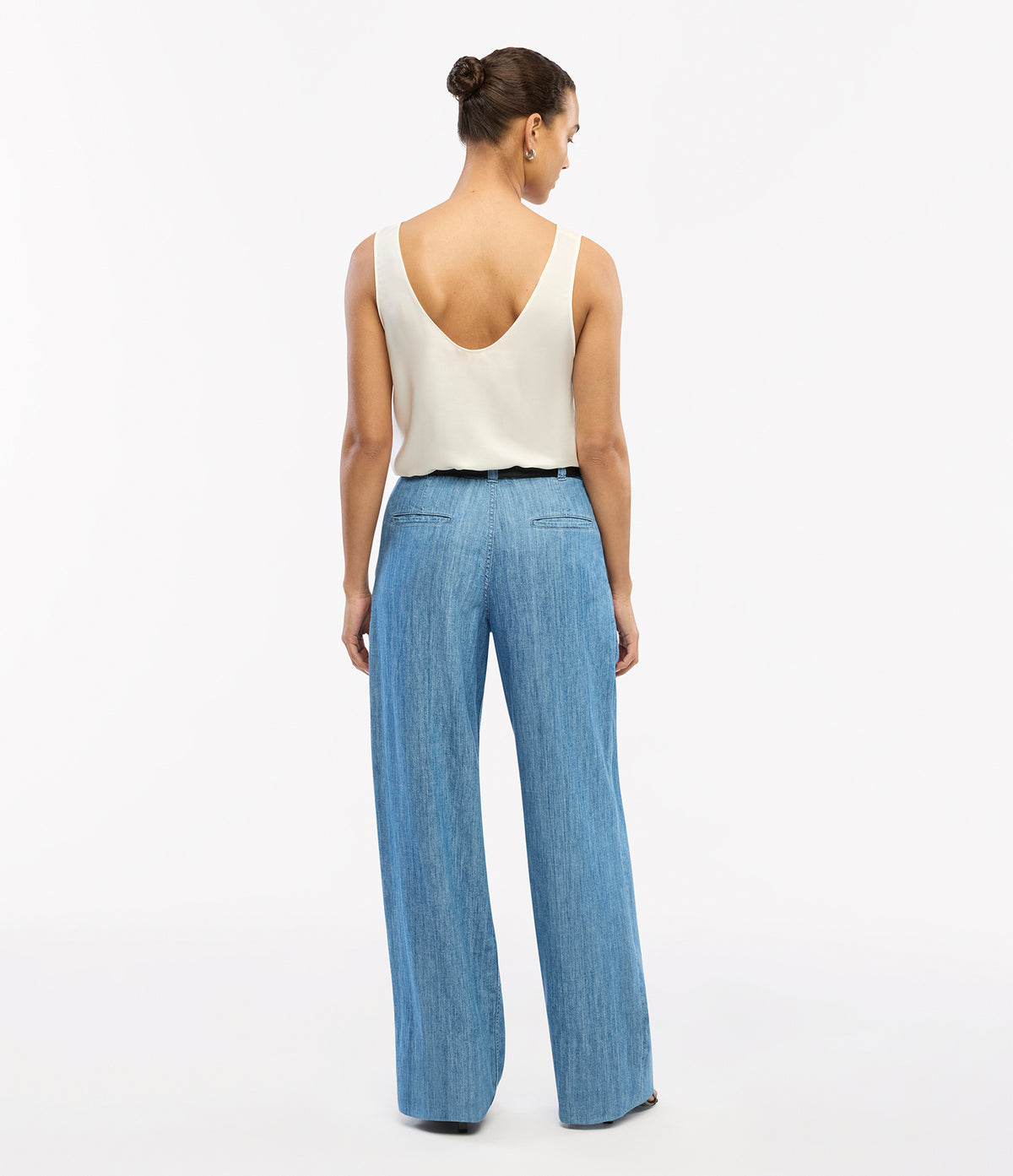 Another Tomorrow Chambray Relaxed Wide Leg Pant in Medium Blue – Denim Women's Trousers