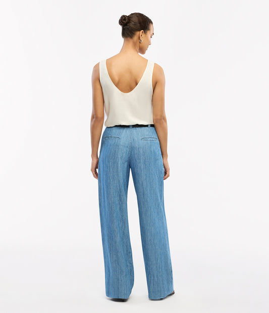 Another Tomorrow Chambray Relaxed Wide Leg Pant in Medium Blue – Denim Women's Trousers