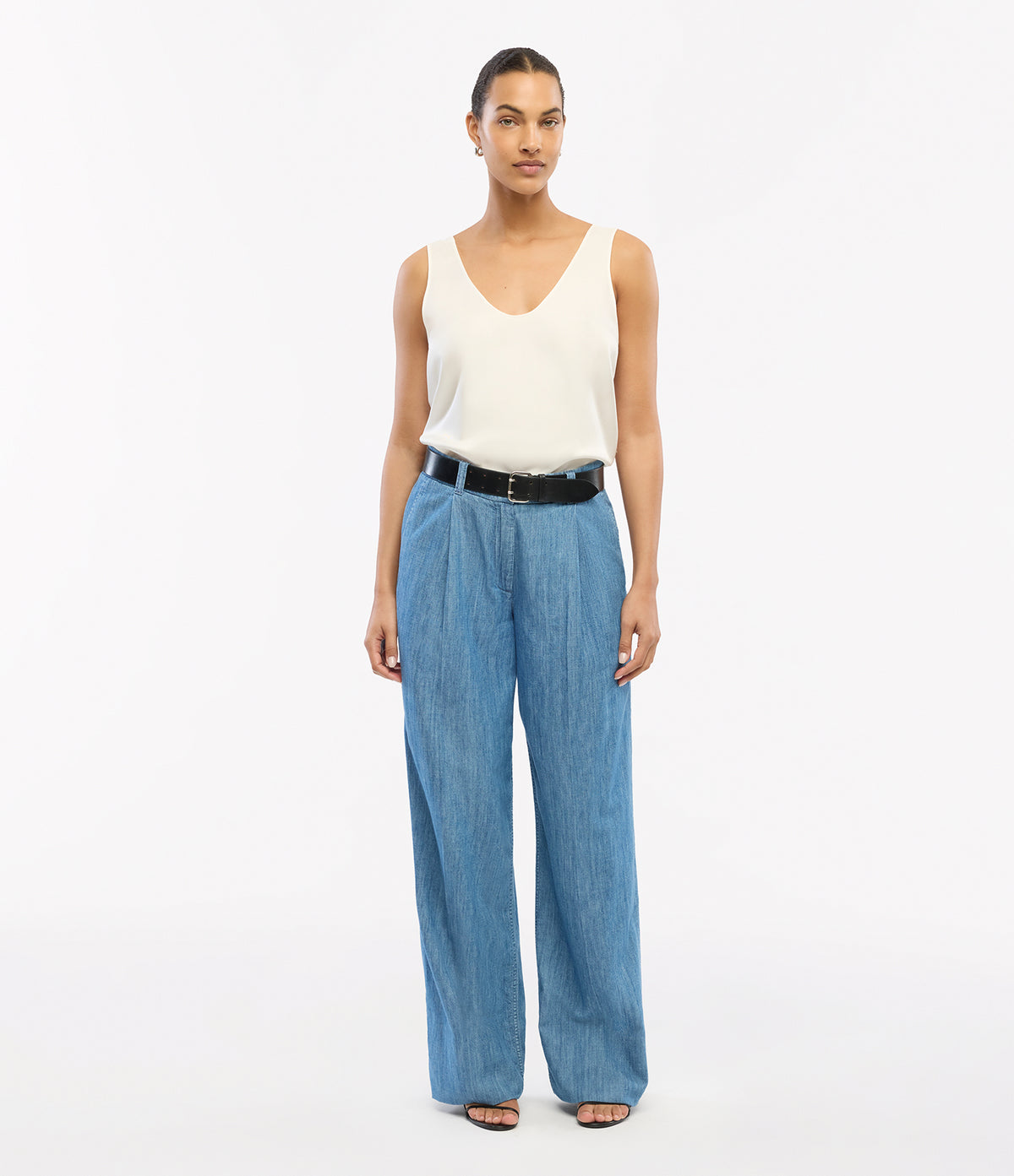 Another Tomorrow Chambray Relaxed Wide Leg Pant in Medium Blue – Denim Women's Trousers