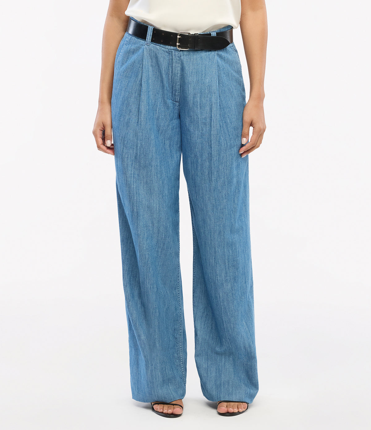 Another Tomorrow Chambray Relaxed Wide Leg Pant in Medium Blue – Denim Women's Trousers